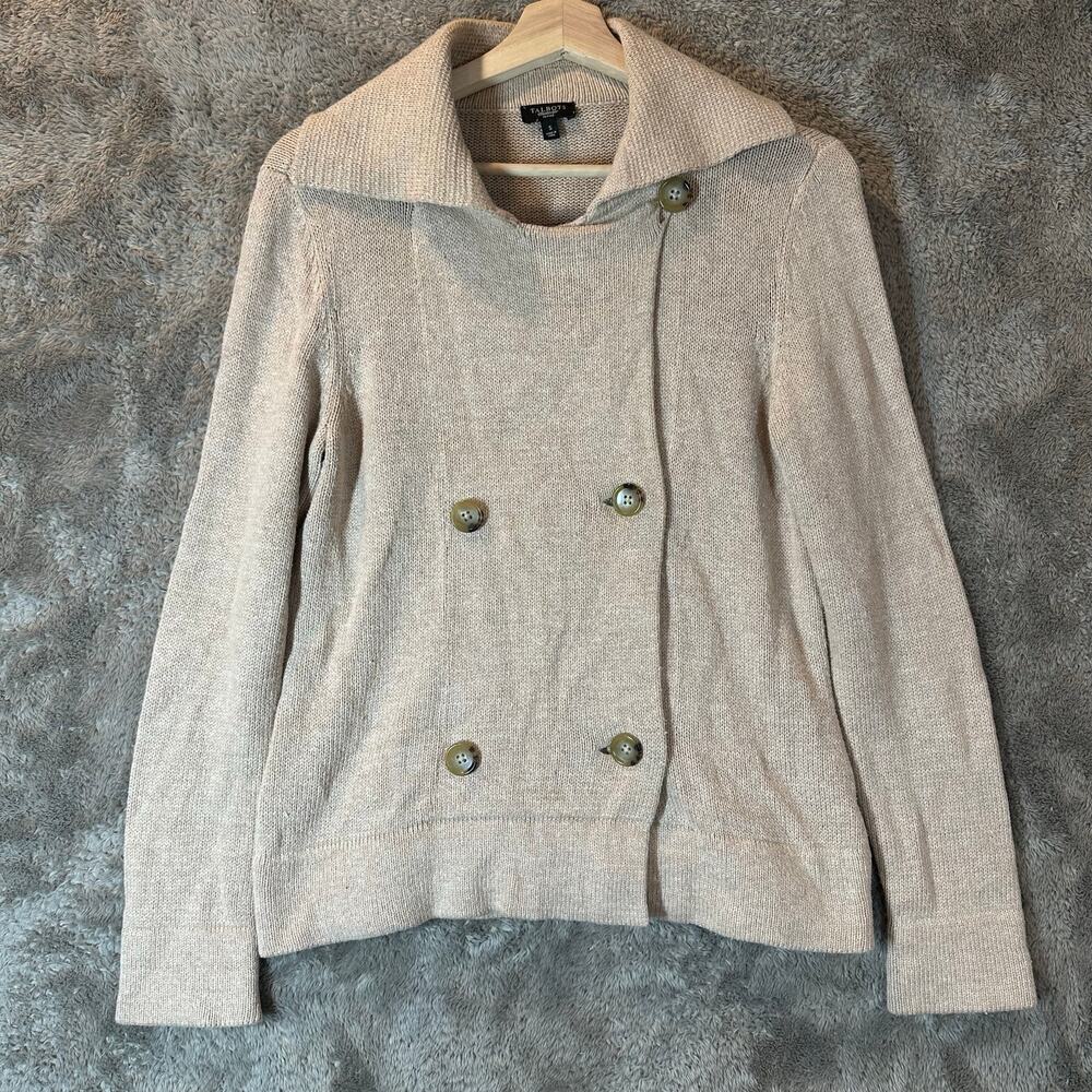Talbots Petites Double Breasted Cardigan Sweater Collar Beige Tan S SP PS